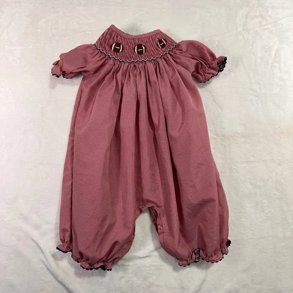 Sassy Lil Sprout Smocked Football Bubble Romper 9M Red Gingham Kids